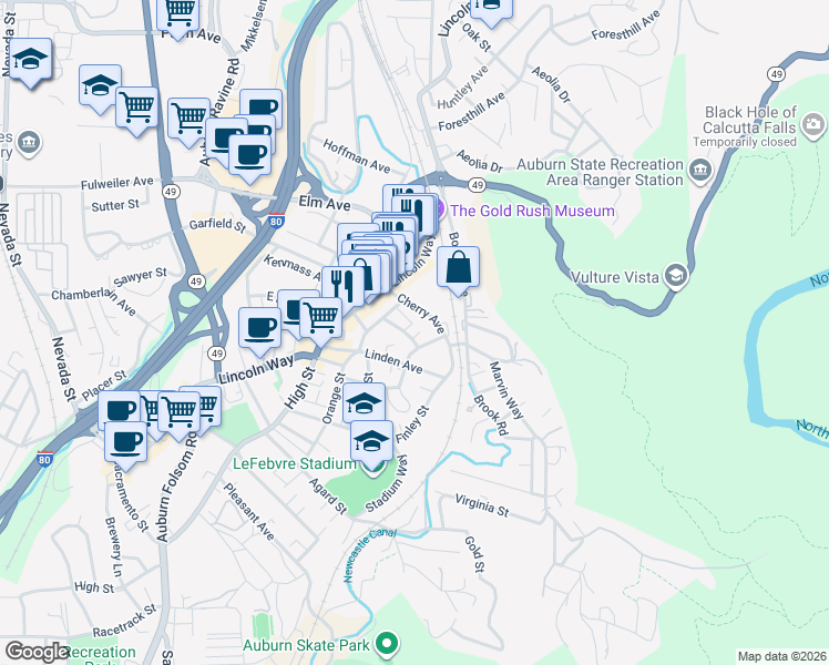 map of restaurants, bars, coffee shops, grocery stores, and more near 181 Tennis Way in Auburn