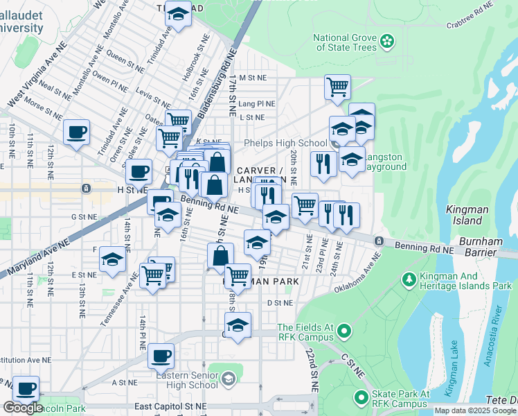 map of restaurants, bars, coffee shops, grocery stores, and more near 101 Independence Avenue Southeast in Washington