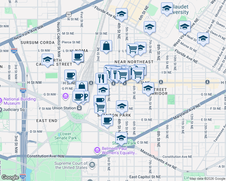 map of restaurants, bars, coffee shops, grocery stores, and more near 101 Independence Avenue Southeast in Washington