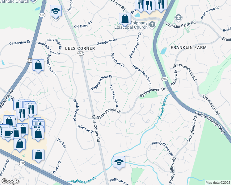 map of restaurants, bars, coffee shops, grocery stores, and more near 3617 Great Laurel Lane in Fairfax