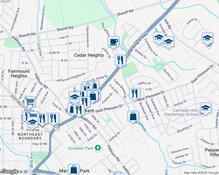 map of restaurants, bars, coffee shops, grocery stores, and more near 712 71st Avenue in Capitol Heights