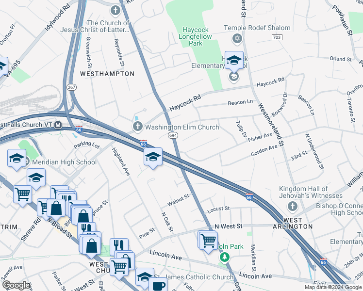 map of restaurants, bars, coffee shops, grocery stores, and more near 2241 Casemont Drive in Falls Church