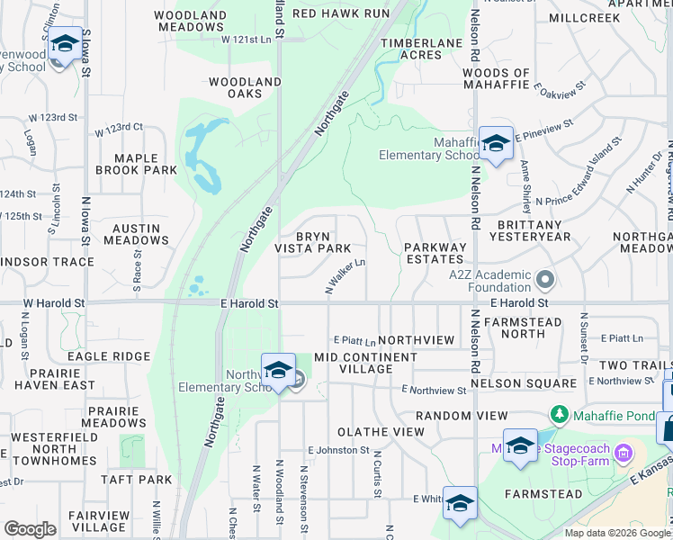 map of restaurants, bars, coffee shops, grocery stores, and more near 1121 North Walker Lane in Olathe