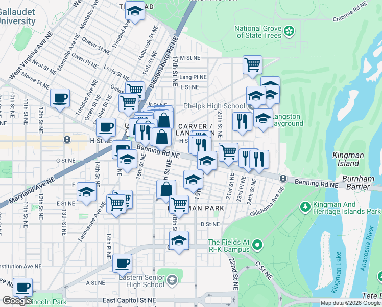 map of restaurants, bars, coffee shops, grocery stores, and more near 101 Independence Avenue Southeast in Washington