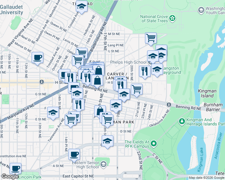 map of restaurants, bars, coffee shops, grocery stores, and more near 101 Independence Avenue Southeast in Washington