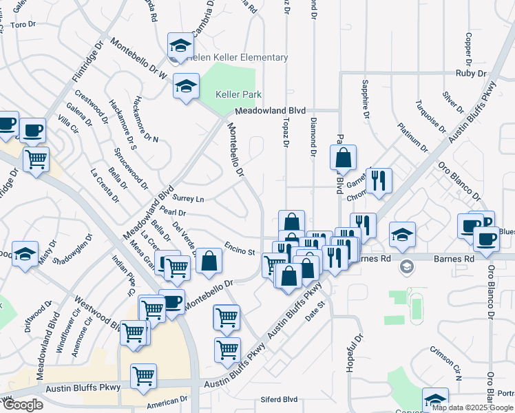 map of restaurants, bars, coffee shops, grocery stores, and more near 4687 Montebello Drive in Colorado Springs