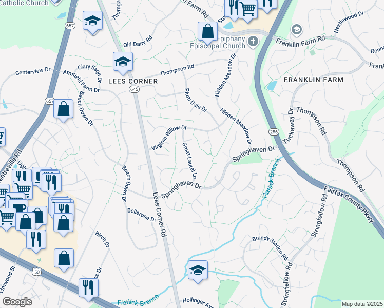 map of restaurants, bars, coffee shops, grocery stores, and more near 3617 Great Laurel Lane in Fairfax