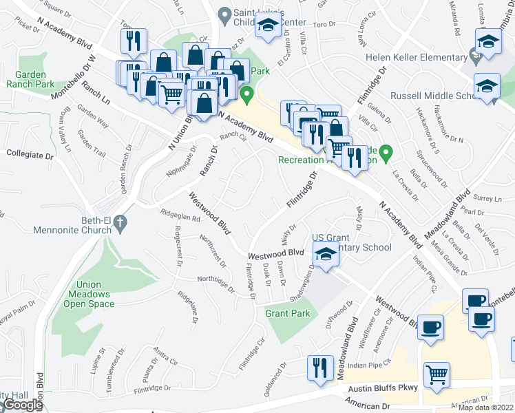map of restaurants, bars, coffee shops, grocery stores, and more near 2902 Flintridge Square in Colorado Springs