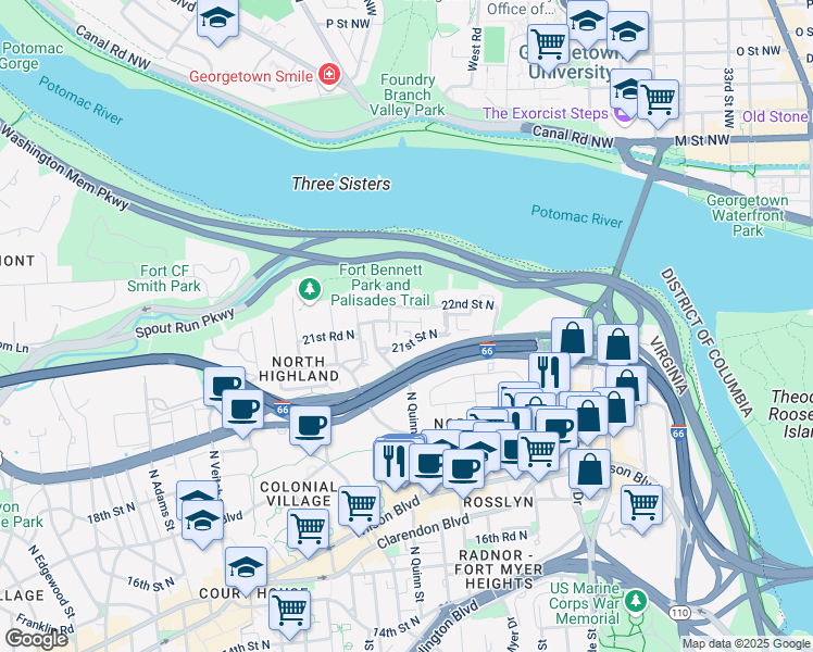 map of restaurants, bars, coffee shops, grocery stores, and more near 1660 21st Road North in Arlington