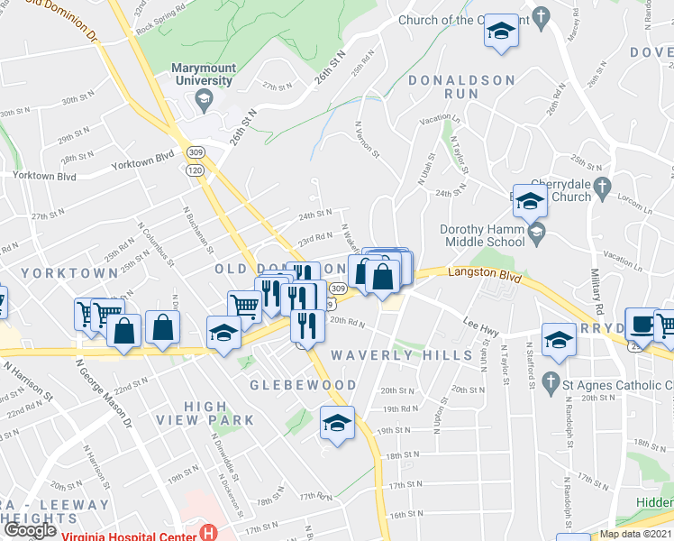 map of restaurants, bars, coffee shops, grocery stores, and more near 4701 22nd Street North in Arlington