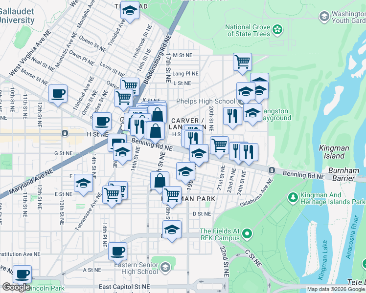 map of restaurants, bars, coffee shops, grocery stores, and more near 101 Independence Avenue Southeast in Washington
