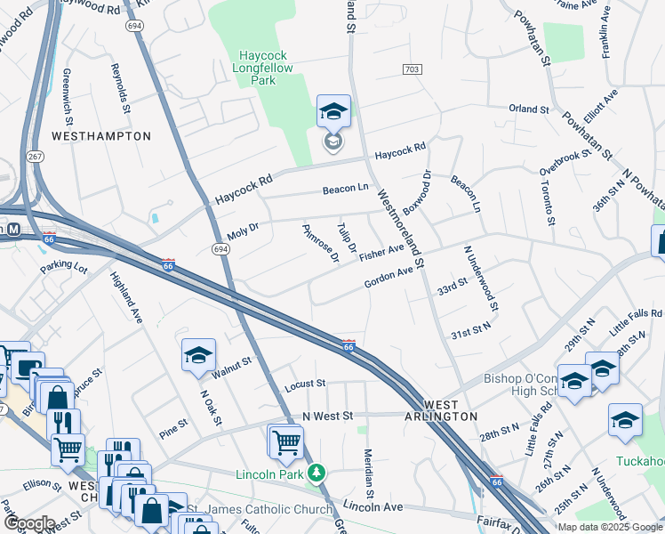 map of restaurants, bars, coffee shops, grocery stores, and more near 2230 Primrose Drive in Falls Church