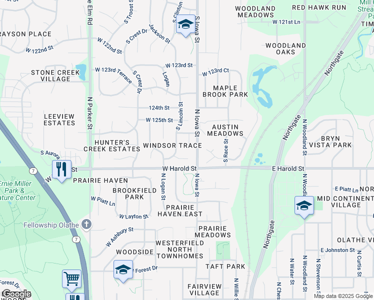map of restaurants, bars, coffee shops, grocery stores, and more near 12539 South Grant Street in Olathe