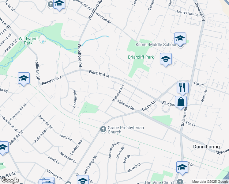 map of restaurants, bars, coffee shops, grocery stores, and more near 8405 Hollis Lane in Vienna