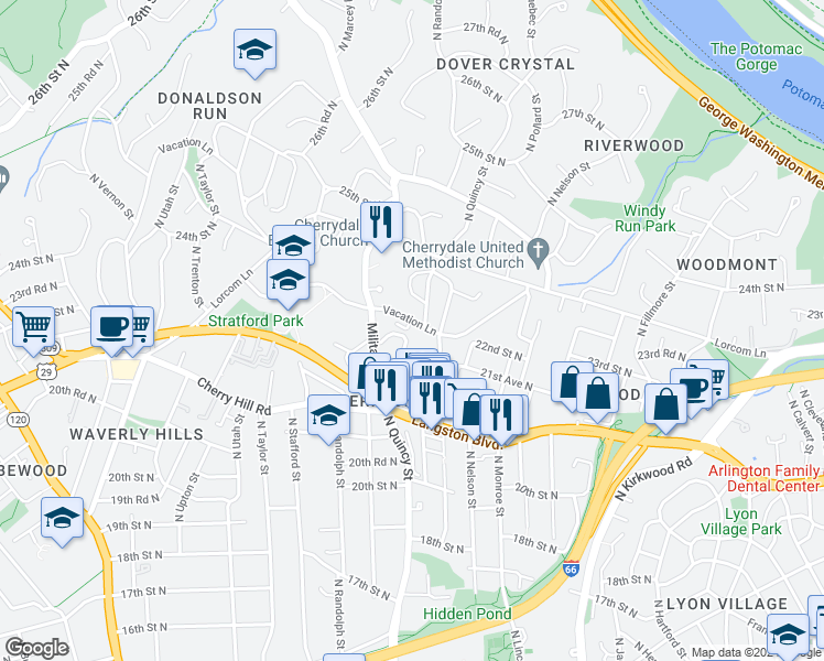 map of restaurants, bars, coffee shops, grocery stores, and more near 3920 Vacation Lane in Arlington
