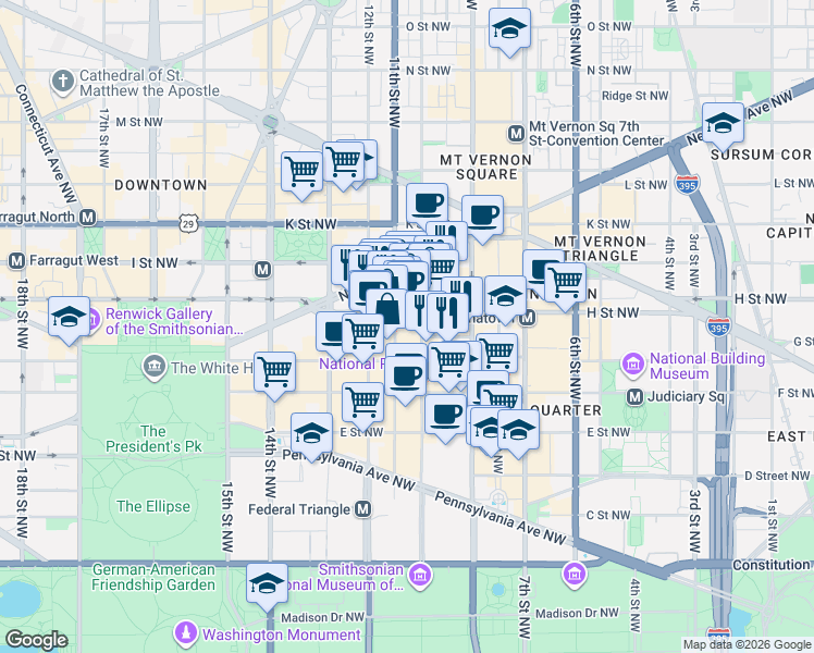 map of restaurants, bars, coffee shops, grocery stores, and more near 1000 H Street Northwest in Washington