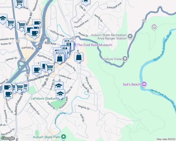 map of restaurants, bars, coffee shops, grocery stores, and more near 175 Borland Avenue in Auburn