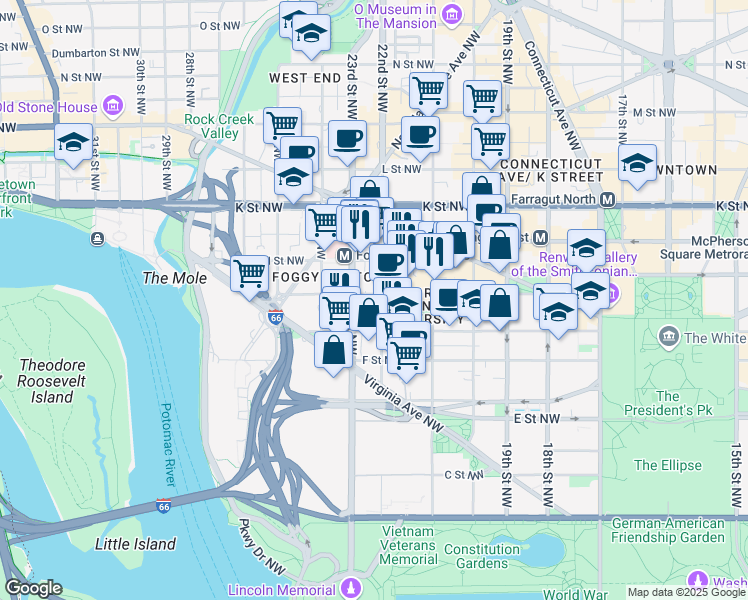 map of restaurants, bars, coffee shops, grocery stores, and more near 736 22nd Street Northwest in Washington