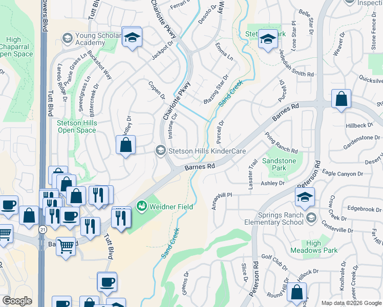 map of restaurants, bars, coffee shops, grocery stores, and more near 4601 Hotspur Drive in Colorado Springs
