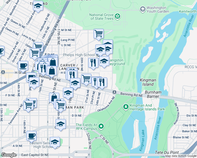 map of restaurants, bars, coffee shops, grocery stores, and more near 714 24th Street Northeast in Washington