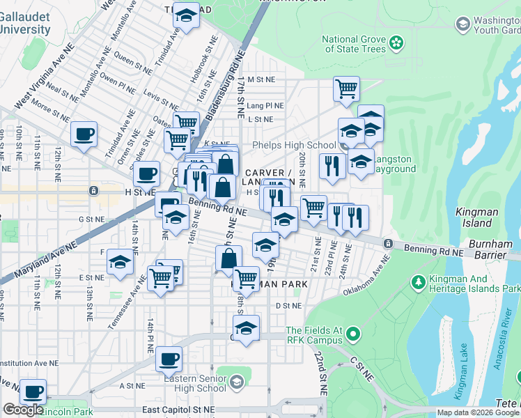 map of restaurants, bars, coffee shops, grocery stores, and more near 101 Independence Avenue Southeast in Washington