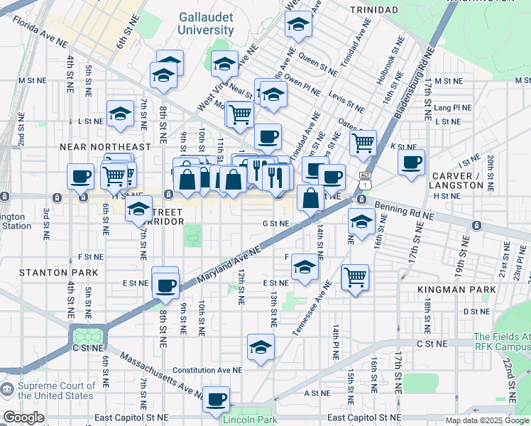 map of restaurants, bars, coffee shops, grocery stores, and more near 101 Independence Avenue Southeast in Washington