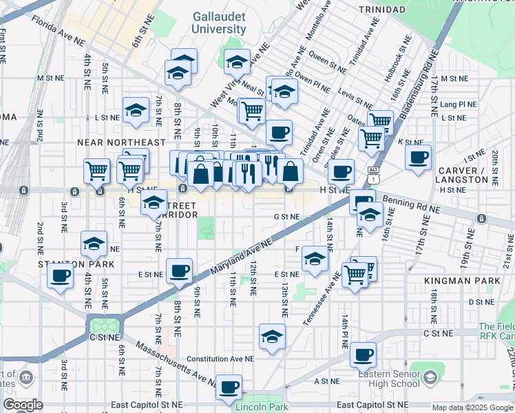 map of restaurants, bars, coffee shops, grocery stores, and more near 101 Independence Avenue Southeast in Washington