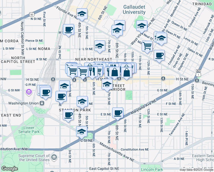 map of restaurants, bars, coffee shops, grocery stores, and more near 101 Independence Avenue Southeast in Washington