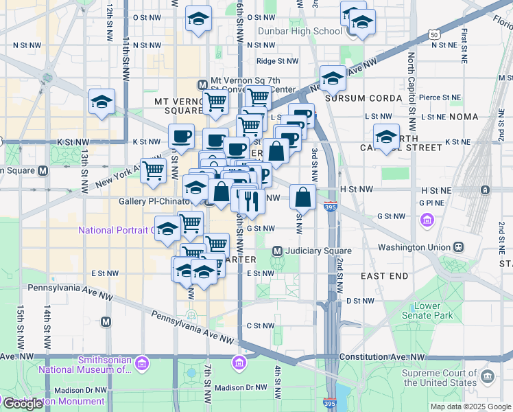 map of restaurants, bars, coffee shops, grocery stores, and more near 101 Independence Avenue Southeast in Washington
