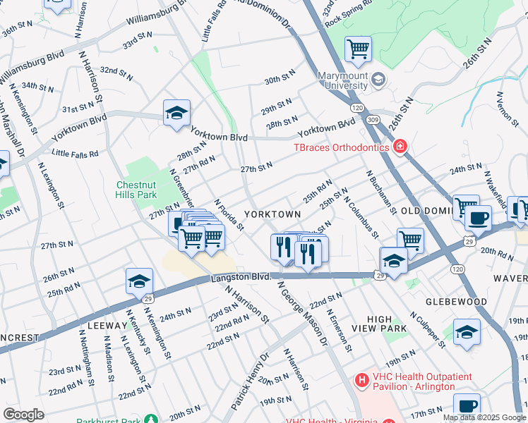 map of restaurants, bars, coffee shops, grocery stores, and more near 5134 25th Place North in Arlington