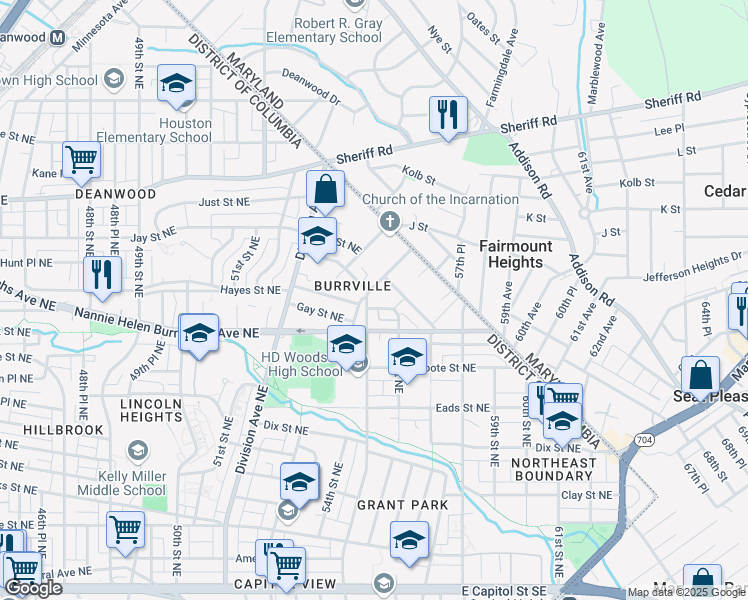 map of restaurants, bars, coffee shops, grocery stores, and more near 805 55th Street Northeast in Washington