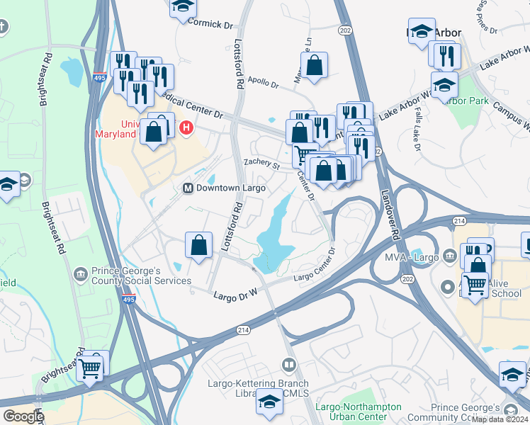 map of restaurants, bars, coffee shops, grocery stores, and more near 8931 Town Center Circle in Upper Marlboro