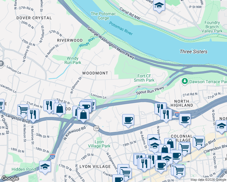 map of restaurants, bars, coffee shops, grocery stores, and more near 2609 Lorcom Lane in Arlington