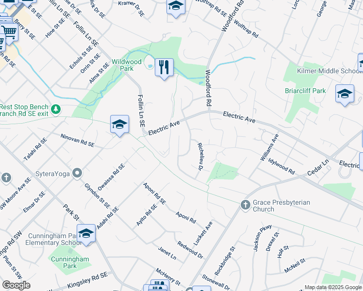 map of restaurants, bars, coffee shops, grocery stores, and more near 2231 Malraux Drive in Vienna