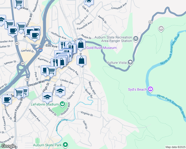 map of restaurants, bars, coffee shops, grocery stores, and more near 175 Borland Avenue in Auburn