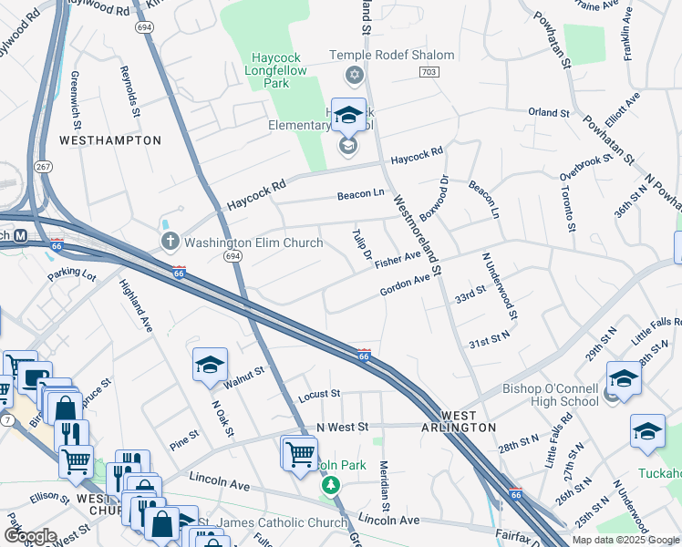 map of restaurants, bars, coffee shops, grocery stores, and more near 6634 Fisher Avenue in Falls Church