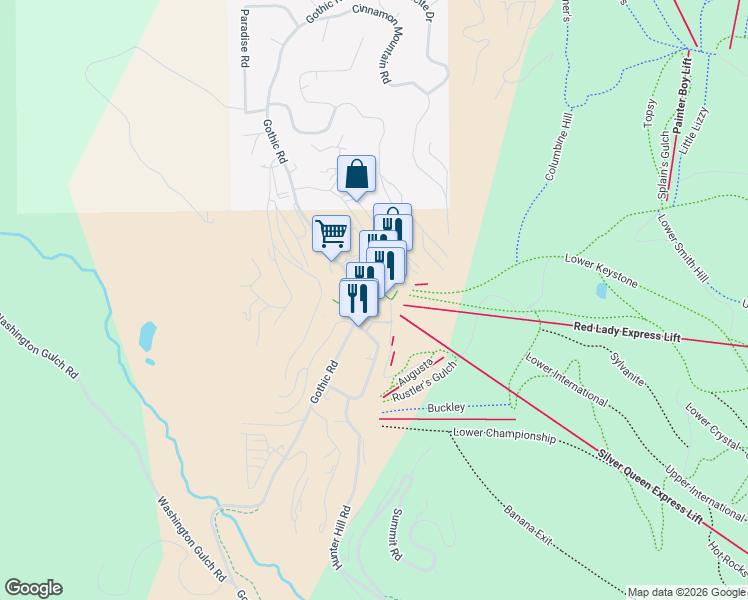 map of restaurants, bars, coffee shops, grocery stores, and more near 1349 Crested Butte Way in Crested Butte