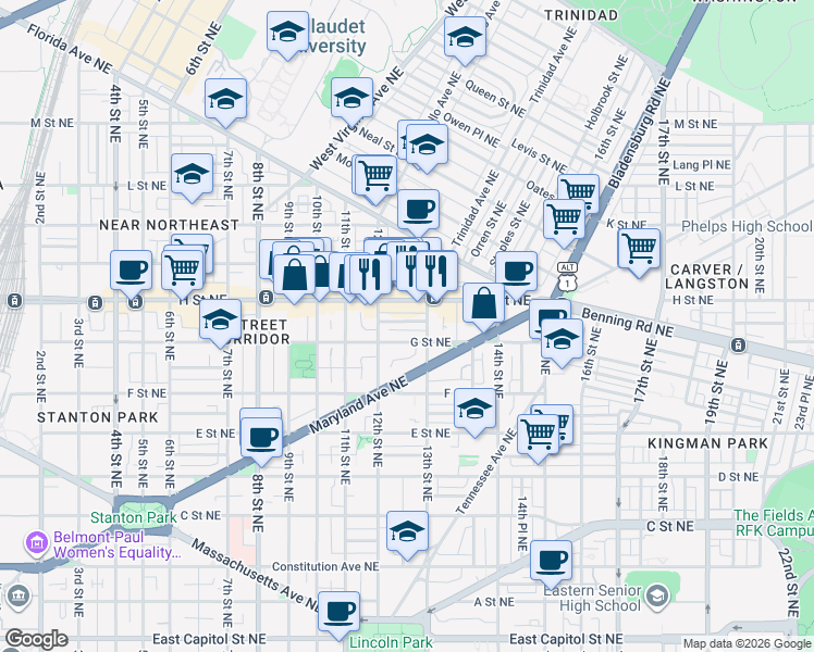 map of restaurants, bars, coffee shops, grocery stores, and more near 101 Independence Avenue Southeast in Washington
