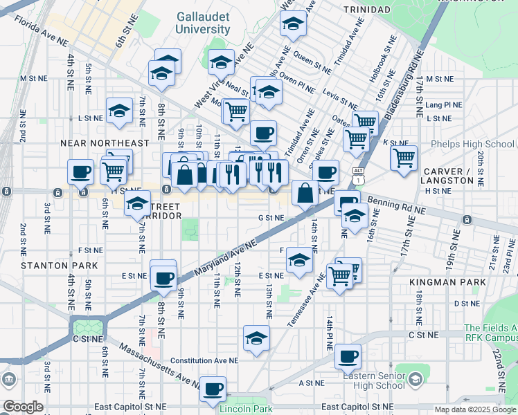 map of restaurants, bars, coffee shops, grocery stores, and more near 1233 Linden Place Northeast in Washington
