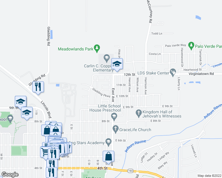 map of restaurants, bars, coffee shops, grocery stores, and more near 1085 East Avenue in Lincoln