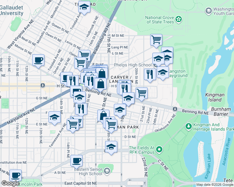 map of restaurants, bars, coffee shops, grocery stores, and more near 101 Independence Avenue Southeast in Washington