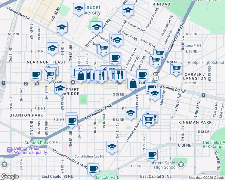 map of restaurants, bars, coffee shops, grocery stores, and more near 1231 Linden Place Northeast in Washington