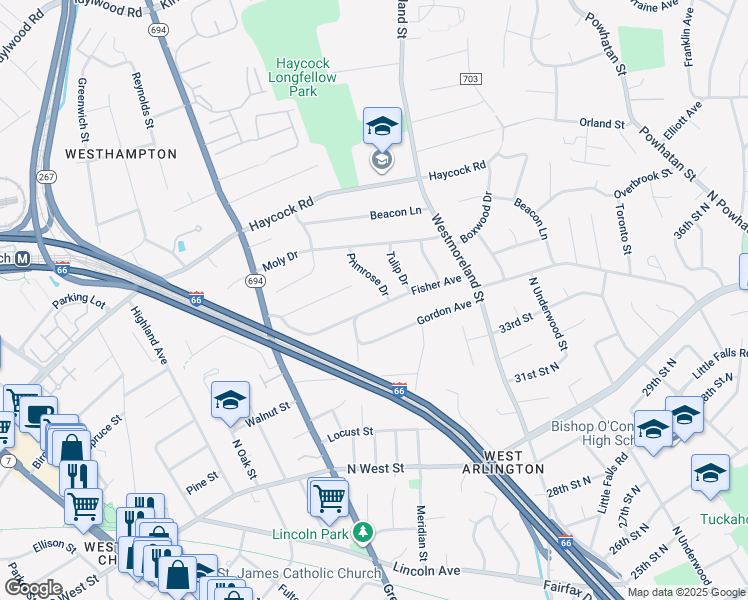map of restaurants, bars, coffee shops, grocery stores, and more near 6634 Fisher Avenue in Falls Church