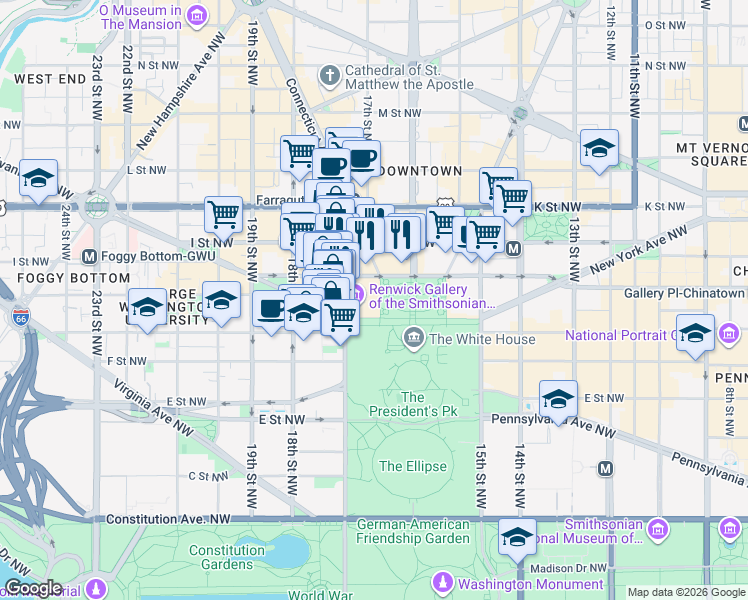 map of restaurants, bars, coffee shops, grocery stores, and more near in Washington
