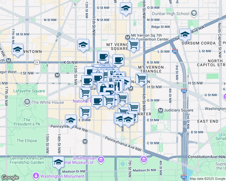 map of restaurants, bars, coffee shops, grocery stores, and more near 750 9th Street Northwest in Washington
