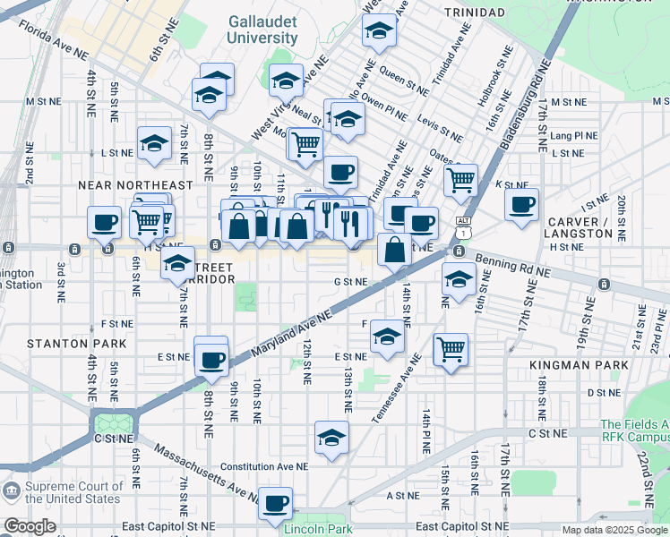 map of restaurants, bars, coffee shops, grocery stores, and more near 1233 Linden Place Northeast in Washington