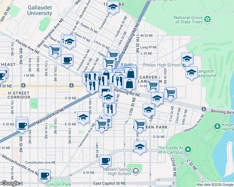map of restaurants, bars, coffee shops, grocery stores, and more near 1521 Benning Road Northeast in Washington