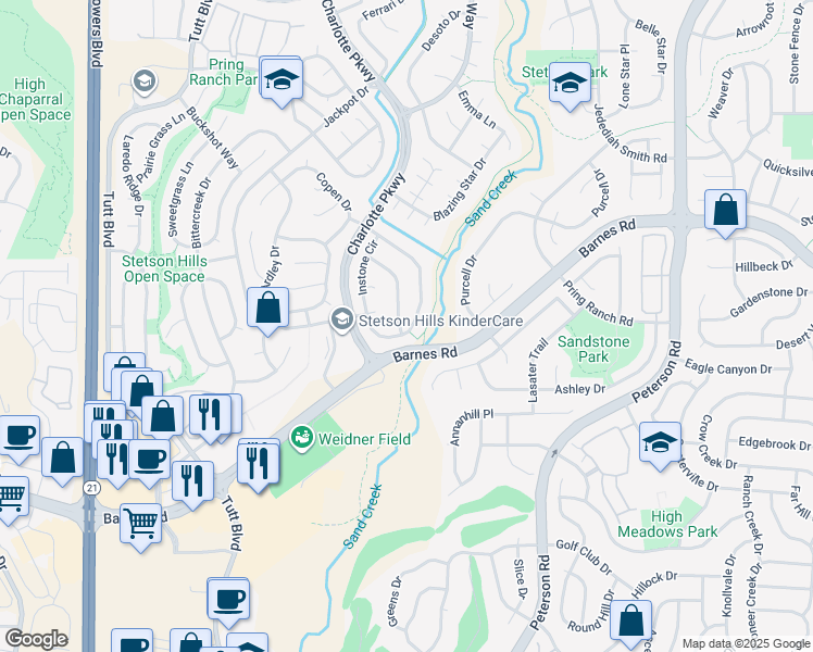 map of restaurants, bars, coffee shops, grocery stores, and more near 4601 Hotspur Drive in Colorado Springs