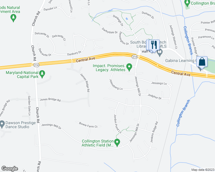map of restaurants, bars, coffee shops, grocery stores, and more near 503 Jasper Court in Bowie