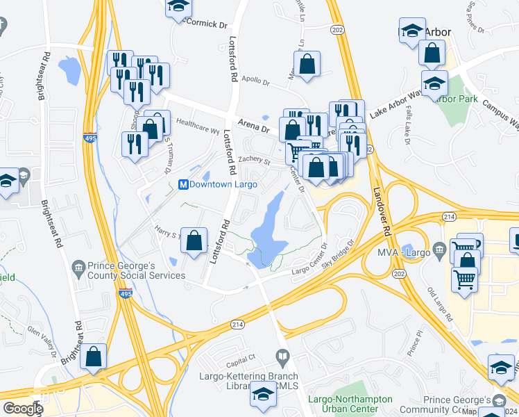 map of restaurants, bars, coffee shops, grocery stores, and more near 8931 Town Center Circle in Upper Marlboro